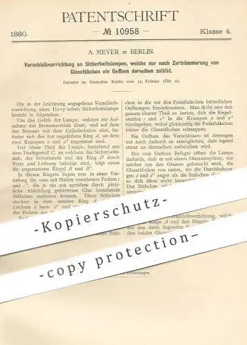 original Patent - A. Meyer , Berlin , 1880 , Verschluss an Sicherheitslampe | Öllampe , Laterne | Petroleum | Davy !!!