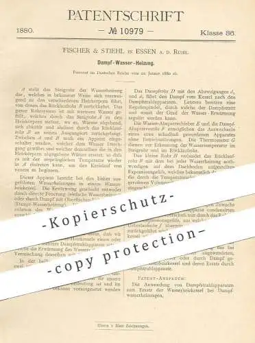 original Patent - Fischer & Stiehl , Essen / Ruhr , 1880 , Dampf - Wasser - Heizung | Heizungen , Wasserheizung !!!