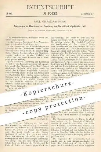 original Patent - Paul Giffard , Paris , Frankreich , 1879 , Bereitung von Eis mittels gekühlter Luft | Kühlung !!