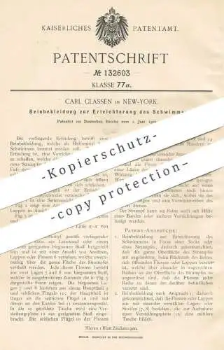 original Patent - Carl Classen , New York  1901 , Beinbekleidung zum Schwimmen | Schwimmflosse , Socke , Baden , Tauchen