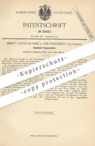 original Patent - Henry Gustavus Fiske , San Francisco , California , USA , 1885 , Künstl. Fassaden - Stein | Klinker