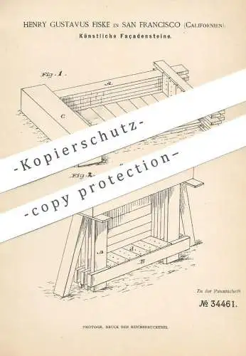 original Patent - Henry Gustavus Fiske , San Francisco , California , USA , 1885 , Künstl. Fassaden - Stein | Klinker