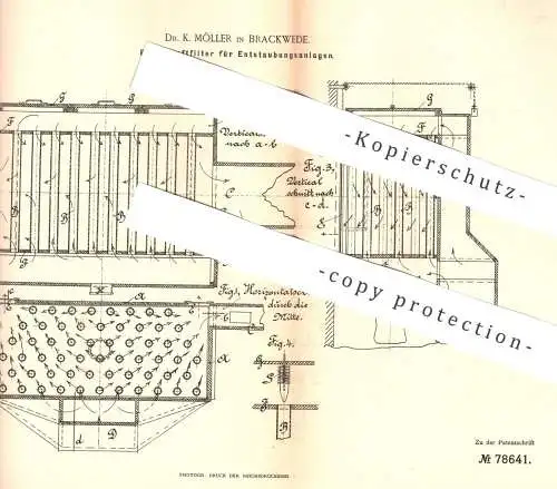 original Patent - Dr. K. Möller , Brackwede / Bielefeld , 1894 , Luftfilter f. Entstaubungsanlage | Staubsauger , Filter