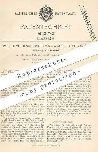 original Patent - Paul Dame , Henri J. Pottevin , Albert Piat , Paris , Frankreich , 1899 , Abdichtung für Filterplatten