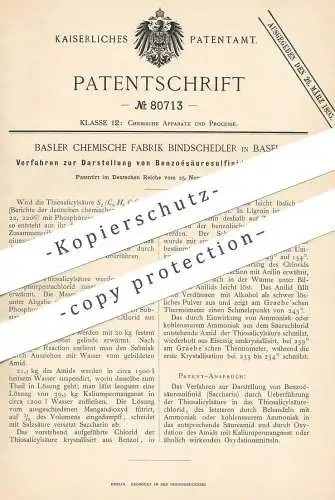 original Patent - Basler Chemische Fabrik Bindschedler , Basel , 1893 , Darstellung von Benzoësäuresulfinid | Saccharin