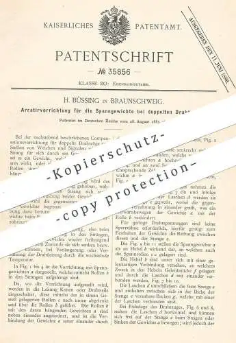 original Patent - H. Büssing , Braunschweig , 1885 , Arretiervorrichtung für Spanngewichte bei doppeltem Drahtzug !!