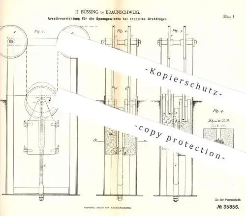 original Patent - H. Büssing , Braunschweig , 1885 , Arretiervorrichtung für Spanngewichte bei doppeltem Drahtzug !!