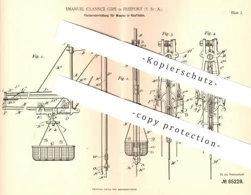 original Patent - Emanuel Clannce Gipe , Freeport , USA , 1894 , Beförderung von Waren im Kaufladen | Warenkorb , Korb !