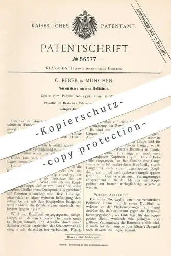 original Patent - C. Reber , München , 1890 , Verkürzbares eisernes Bettgestell | Bett , Betten , Bettenrost !!