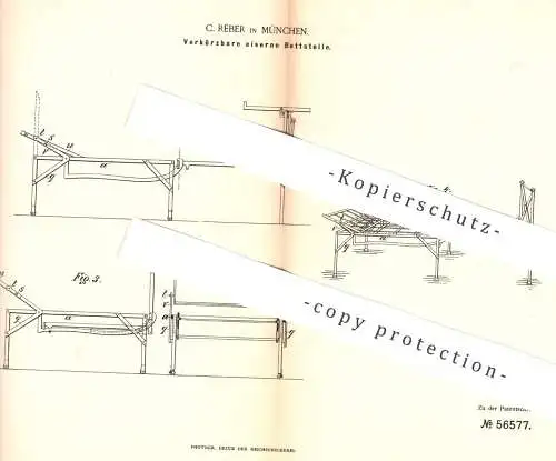 original Patent - C. Reber , München , 1890 , Verkürzbares eisernes Bettgestell | Bett , Betten , Bettenrost !!