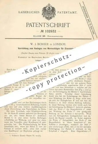 original Patent - W. J. Bonser , London , England 1897 , Auslegen der Warnschläge für Eisenbahnen | Eisenbahn Schaltwerk