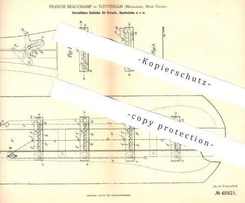 original Patent - Francis Beauchamp , Tottenham , Middlesex , High Cross , 1888 , Schließe für Korsett , Handschuhe !!!