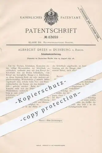 original Patent - Albrecht Drees , Duisburg / Rhein , 1891 , Schubladensicherung für Tisch , Schrank , Regal , Möbel !!!