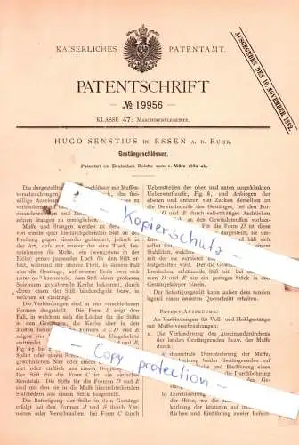 original Patent - Hugo Senstius in Essen a. d. Ruhr , 1882 , Gestängeschlösser !!!