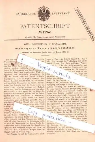 original Patent - Wilh. Grossmann in Pforzheim , 1882 , Neuerungen an Wasserstandsregulatoren !!!