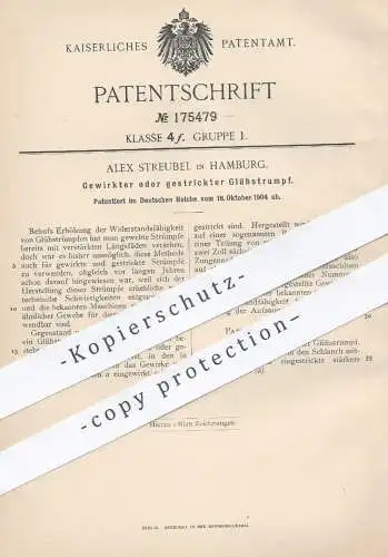 original Patent - Alex Streubel , Hamburg , 1904 , Gewirkter o. gestrickter Glühstrumpf | Strumpf , Stricken , Mode !!