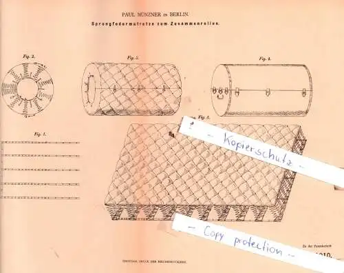 original Patent - Paul Münzner in Berlin , 1880 , Sprungfedermatratze zum Zusammenrollen !!!