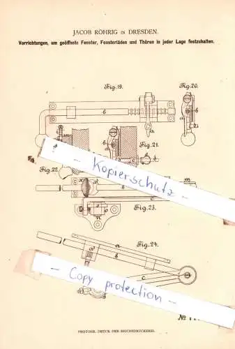 original Patent - J. Röhrig in Dresden , 1880 , Vorrichtungen, um geöffnete Fenster und Fensterläden festzuhalten !!!