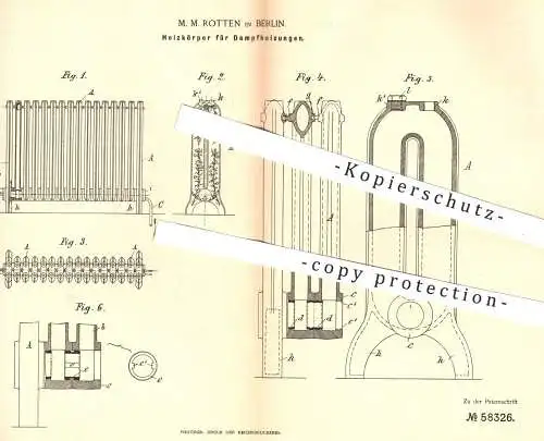 original Patent - M. M. Rotten in Berlin , 1890 , Heizkörper für Dampfheizungen | Heizung , Ofen , Öfen , Heizen !!