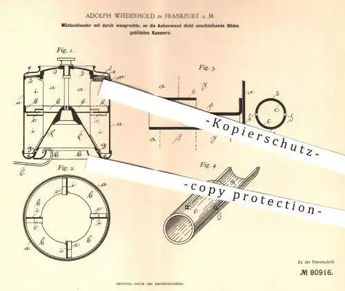 original Patent - Adolph Wiederhold , Frankfurt / Main 1894 , Milchschleuder | Milch - Schleuder , Rahm , Landwirtschaft