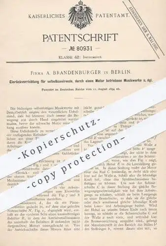 original Patent - A. Brandenburger , Berlin , 1894 , durch Motor betriebene Musikwerke | Musikinstrumente , Musik !!