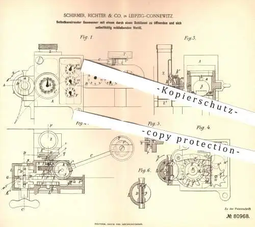 original Patent - Schirmer , Richter & Co. , Leipzig / Connewitz , 1894 , Selbstkassierender Gasmesser | Gaszähler , Gas