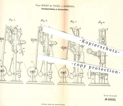 original Patent - Boldt & Vogel in Hamburg , 1892 , Einrückvorrichtung an Korkmaschinen | Korkmaschine , Kork , Korken