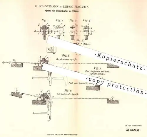 original Patent - G. Schortmann , Leipzig / Plagwitz , 1892 , Agraffe für Discantsaiten am Flügel , Klavier , Piano !!!