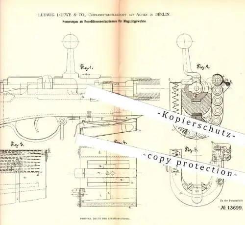 original Patent - Ludwig Loewe & Co. KG , 1880 , Repititionsmechanismus für Magazingewehre | Gewehre , Waffen , Militär