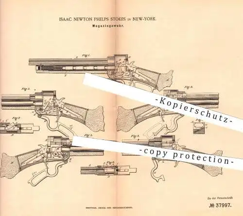 original Patent - Isaac Newton Phelps Stokes , New York USA , 1886 , Magazingewehr  | Gewehre , Waffen , Militär , Jagd