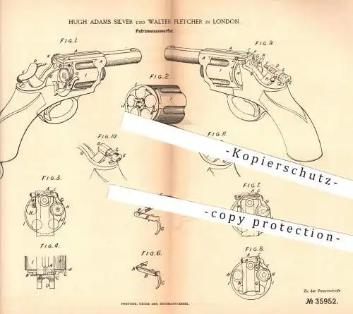 original Patent - Hugh Adams Silver / Walter Fletcher , London , 1885 , Patronenauswerfer  | Gewehr , Waffen , Militär