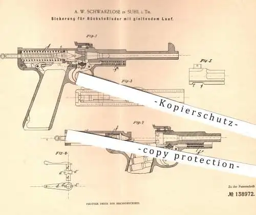 original Patent - A. W. Schwarzlose , Suhl , 1897 , Sicherung für Rückstoßlader | Gewehr , Waffen , Jagd , Militär !!!