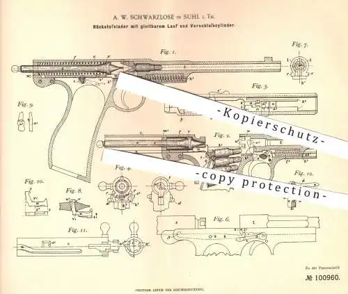 original Patent - A. W. Schwarzlose , Suhl , 1897 , Rückstoßlader | Gewehr , Gewehre , Waffe , Waffen , Jagd , Militär !