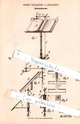 original Patent - Armin Schaeffer in Budapest , 1891 , Notenblattwender !!!