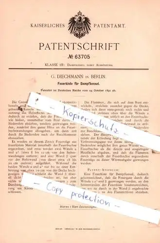 original Patent - G. Diechmann in Berlin , 1891 , Feuerkiste für Dampfkessel !!!