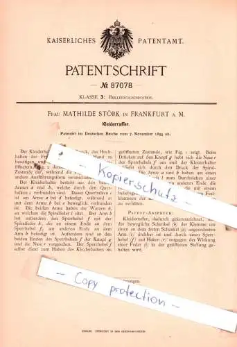 original Patent - Frau Mathilde Störk in Frankfurt a. M. , 1895 , Kleiderraffer !!!