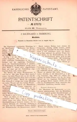 original Patent - J. Sauerland in Hamburg , 1895 ,  Mischhahn !!!