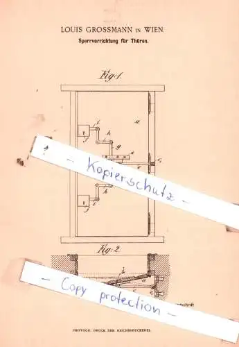 original Patent -  Louis Grossmann in Wien , 1895 , Sperrvorrichtung für Thüren !!!