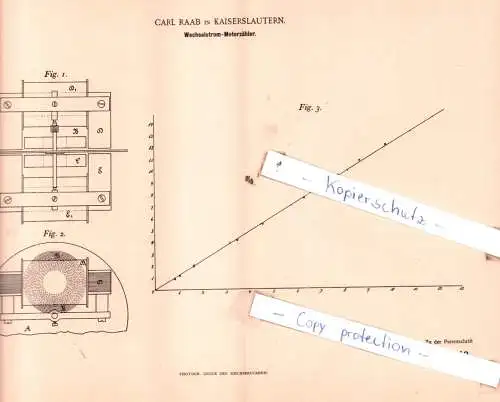 original Patent -  Carl Raab in Kaiserslautern , 1895 , Wechselstrom-Motorzähler !!!