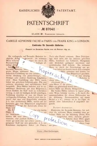 original Patent - Camille Aphonse Faure in Paris und Frank King in London , 1895 , Elektroden für Secundär-Batterien !!!