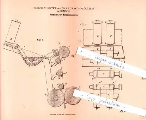 original Patent - Taylor Burrows und Dick Edwards Radclyffe in London , 1895 , Streckwerk für Naßspinnmaschinen !!!