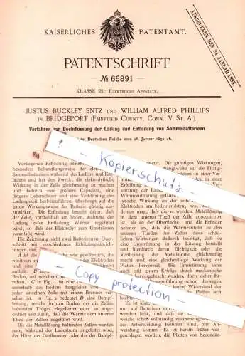 original Patent - Justus Buckley Entz und William Alfred Phillips in Bridgeport , 1892 , Elektrische Apparate !!!