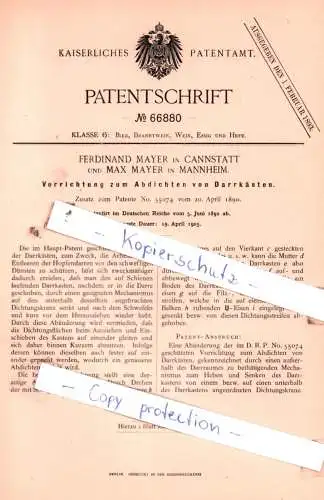 original Patent - F. Mayer in Cannstatt und M. Mayer in Mannheim , 1892 , Vorrichtung zum Abdichten von Darrkästen !!!