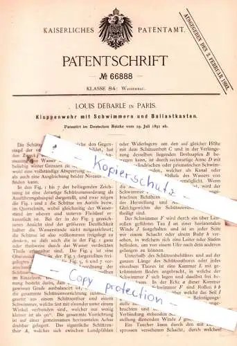 original Patent - Louis Debarle in Paris , 1891 , Klappenwehr mit Schwimmern und Ballastkasten !!!