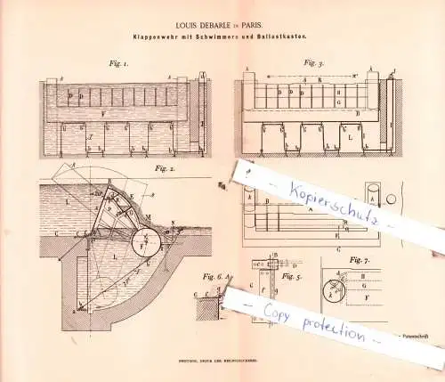 original Patent - Louis Debarle in Paris , 1891 , Klappenwehr mit Schwimmern und Ballastkasten !!!