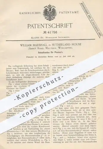 original Patent - William Marshall , Sutherland House , Abbey Road , Malvern , Worcester , 1886 , Schallkasten für Piano