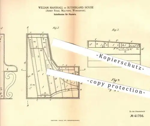 original Patent - William Marshall , Sutherland House , Abbey Road , Malvern , Worcester , 1886 , Schallkasten für Piano