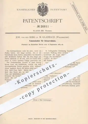 original Patent - Joh. von den Berg , Mönchengladbach / Waldhausen , 1883 , Fadenwächter für Schleerahmen | Weben