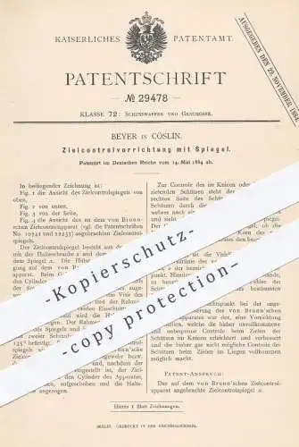 original Patent - Beyer , Cöslin 1884 , Zielkontrolle mit Spiegel für Gewehre , Waffen , Schusswaffen | Schießen , Brunn