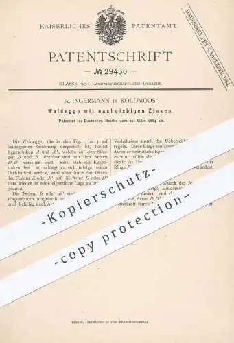 original Patent - A. Ingermann , Koldmoos , 1884 , Waldegge mit nachgiebigen Zinken | Egge , Eggen , Landwirtschaft !!